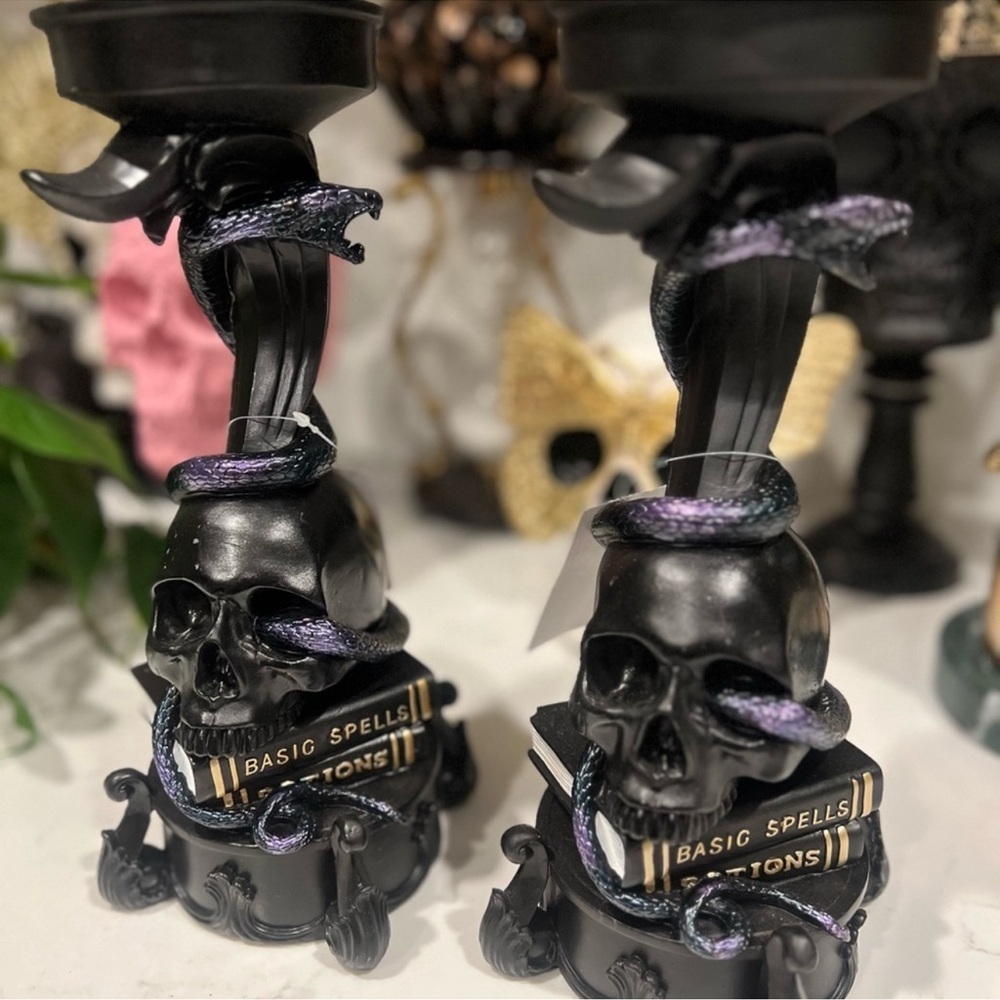 New Spooky Halloween Large Black Skull Spells Snake Candle Holder Decor Set of 2 - Picture 4 of 8